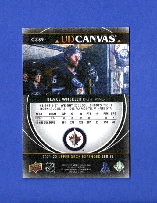 Blake Wheeler 2021-22 Upper Deck Extended Series UD Canvas Black Parallel #C359