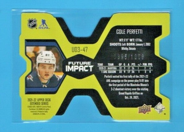 Cole Perfetti 2021-22 Upper Deck Extended UD3-47 Future Impact SP RC #0396/1000