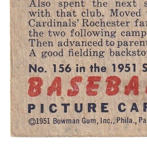 1951 Bowman  -  Del Rice   -  St. Louis Cardinals  #156   VG-EX.