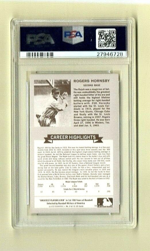 1972 Kellogg's Rogers Hornsby  #2 Cardinals/Browns Greatest 2nd Base PSA  9 MINT