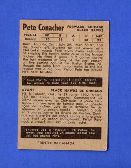 1954-55 Parkhurst  -  Pete Conacher -  #86  -  Chicago Black Hawks  - Stats Back
