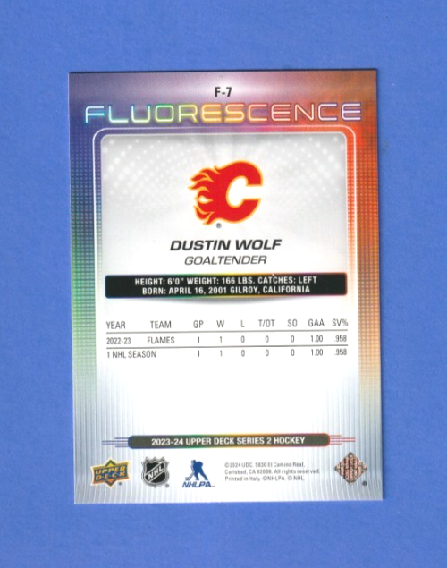 2023-24 Upper Deck Hockey Series 2 Fluorescence Dustin Wolf F-7 - Calgary Flames