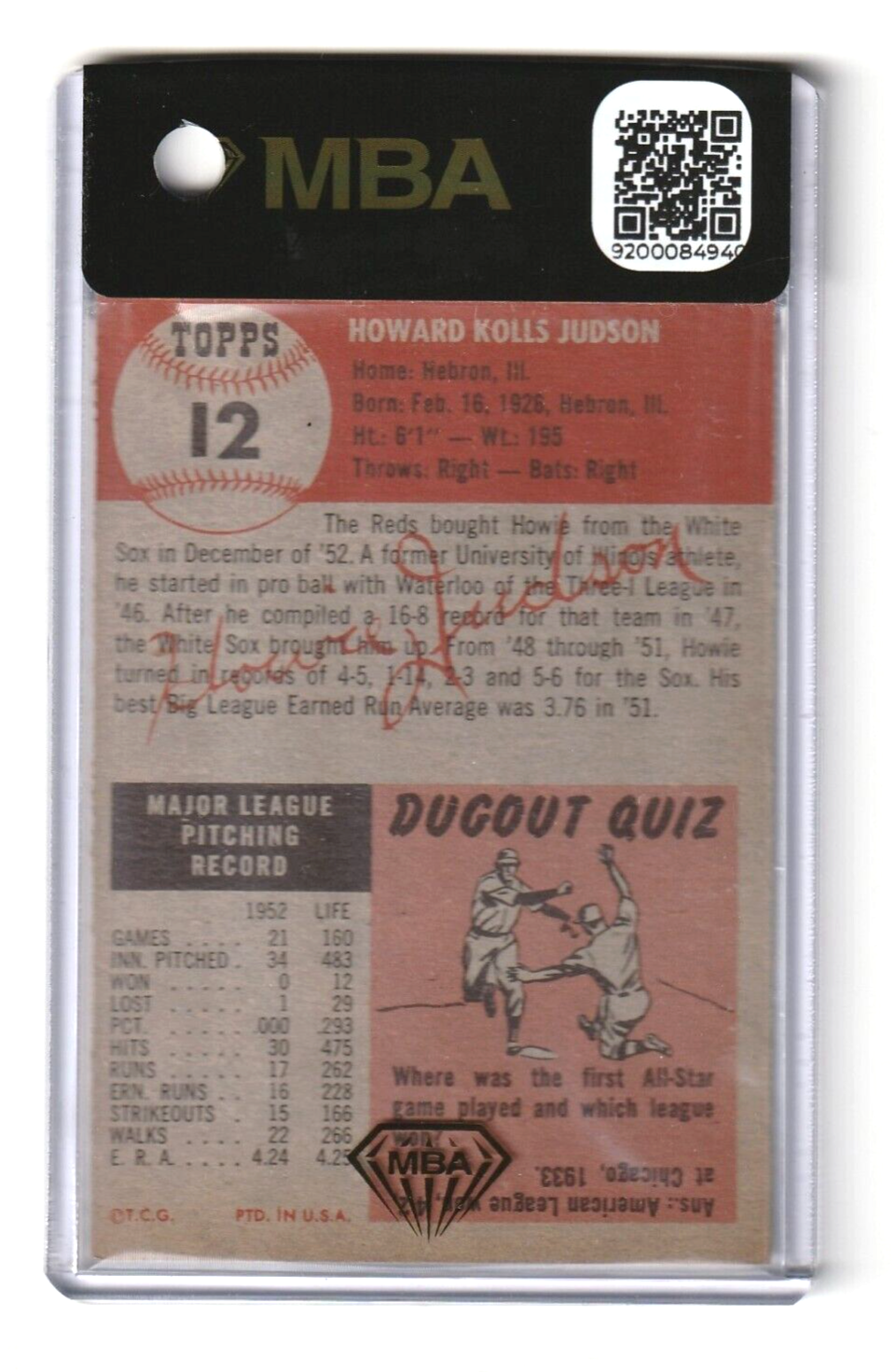 1953 Topps  -  Howie Judson #12 -  MBA AUTHENTIC - Cincinnati Reds