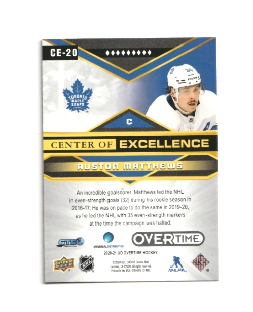 2020-21 Upper Deck Overtime Hockey  AUSTON MATTHEWS  Center of Excellence #CE-20