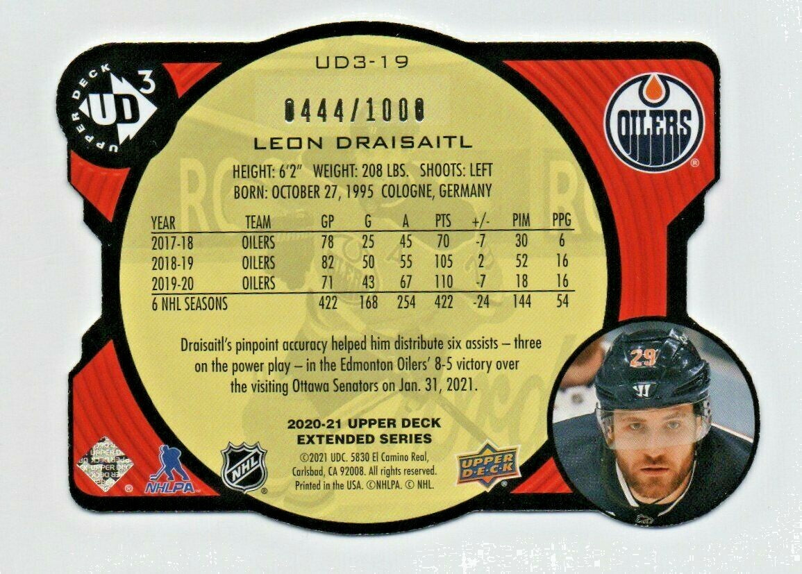 2020-21 UPPER DECK EXTENDED SERIES  LEON DRAISAITL UD3 DIE CUT 0444/1000 #UD3-19