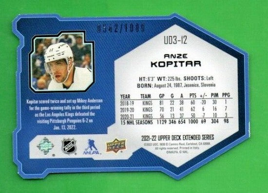 Anze Kopitar 2021-22 Upper Deck Extended  UD3 SILVER 0542/1000  Kings    #UD3-12