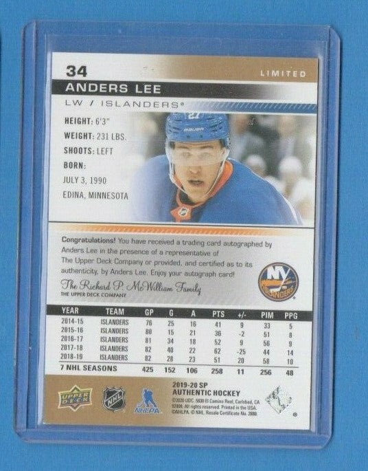 19-20 UD Sp Authentic Limited Gold Base Auto Anders Lee #34 New York Islanders 