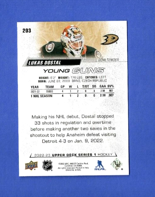 2022-23 Upper Deck Young Guns Rookie Card  - Lukas Dostal #203  -  Anaheim Ducks