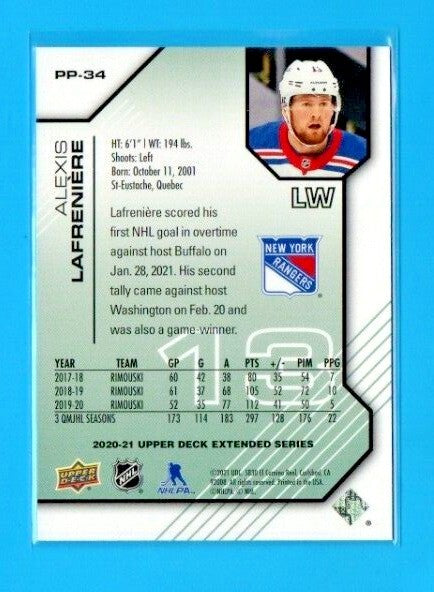 2020-21 UD Extended  Alexis Lafreniere Pros & Prospects RC #PP-34 0150/1000