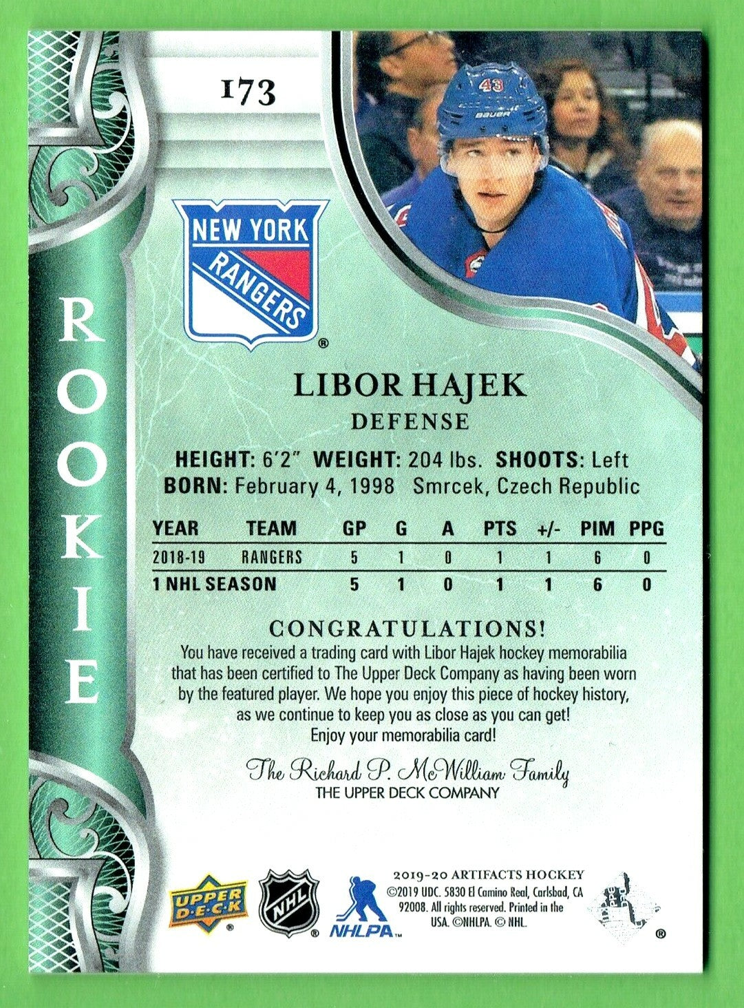 2019-20 UD Artifacts GOLD Libor Hajek ROOKIE DUAL Jersey #173 192/499 -- Rangers