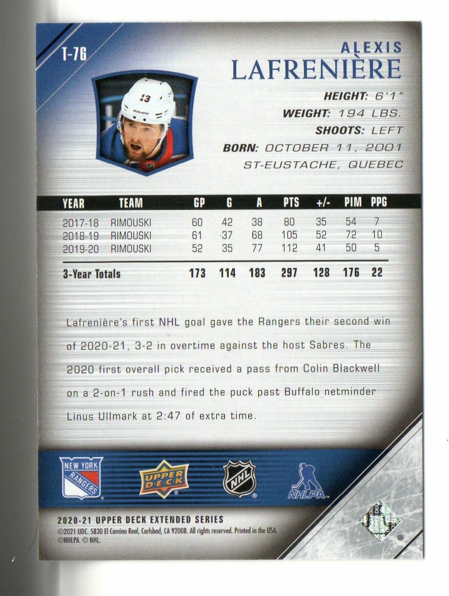 2020-21 Upper Deck Extended Retro Young Guns Tribute T-76 Alexis Lafreniere 