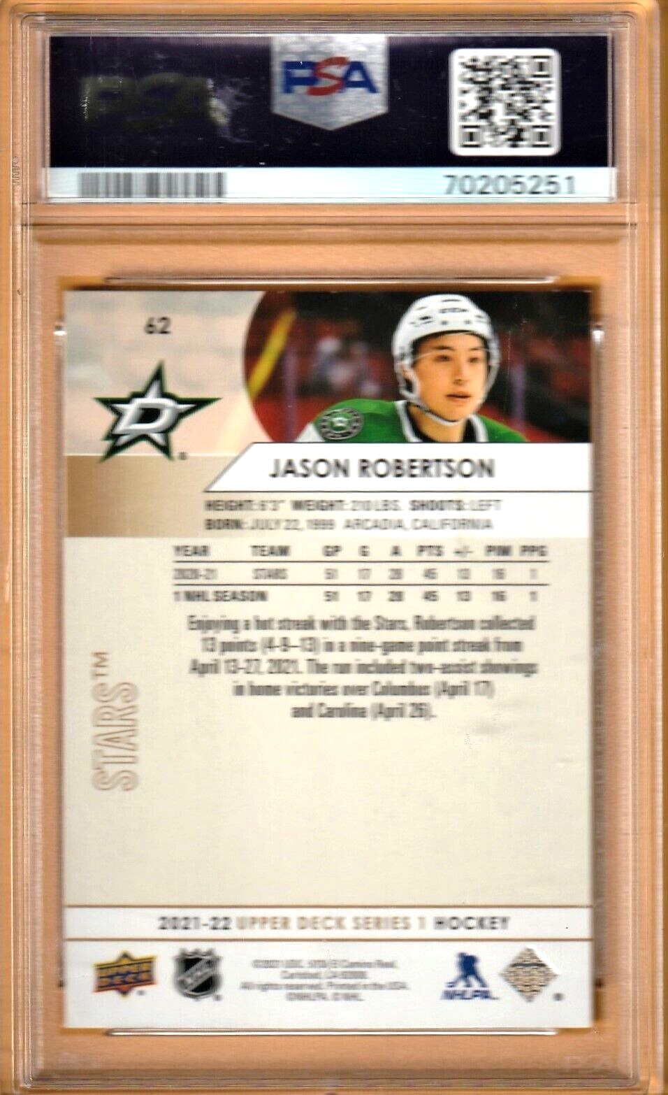 2021 Upper Deck  -  Silver Foil  -  Dallas Stars  Jason Robertson #62 PSA 9 MINT
