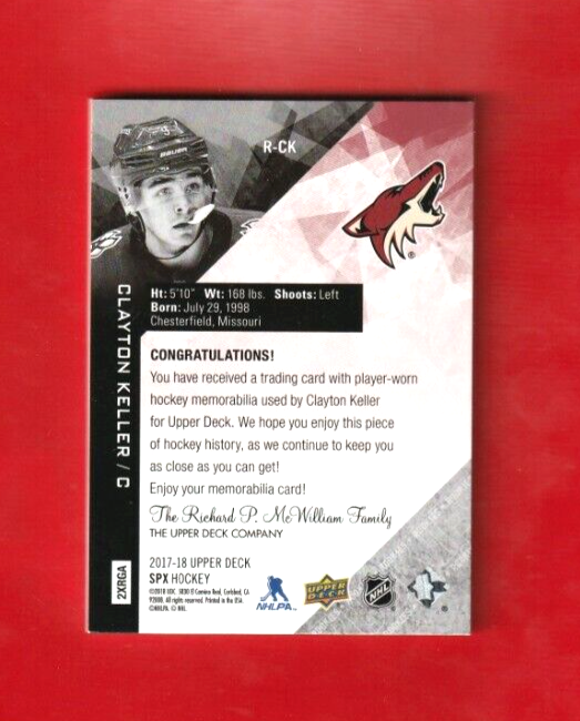2017-18 Upper Deck SPX Rookie Jersey Clayton Keller Arizona Coyotes 213/299 R-CK