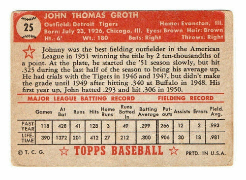 #25 JOHNNY GROTH 1952 Topps Baseball RED BACK DETROIT TIGERS