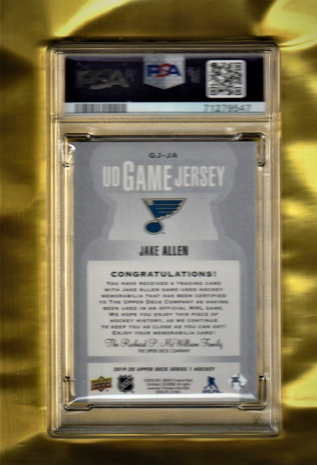 2019 Upper Deck Game Jersey  -  Jake Allen  -  PATCH #GJ-JA PSA 8 NM-MT