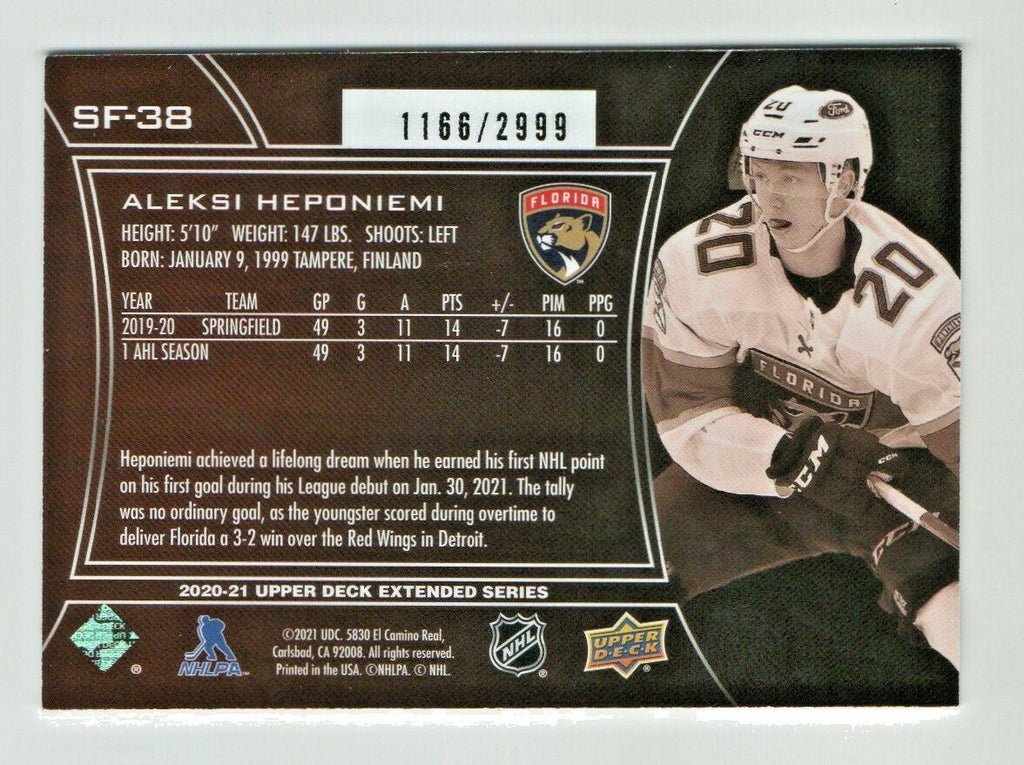 2020-21 Upper Deck Extended SPX Finite /2999 RC #SF-38 Aleksi Heponiemi Florida
