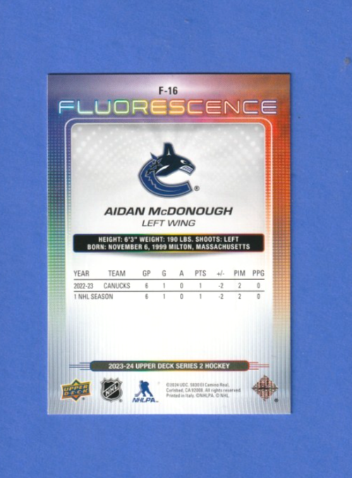 2023-24 Upper Deck Series 2 - Fluorescence Red  -  Aidan McDonough   #F-16  (RC)