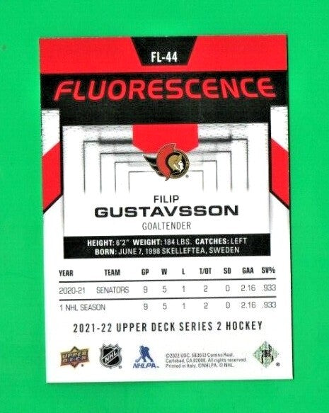 2021-22 UD Series 2 Hockey Filip Gustavsson  Fluorescence RED   FL-44 Senators