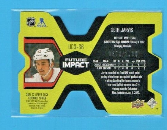Seth Jarvis Die Cut UD3-36 Future Impact 0870/1000 2021-22 Extended - Hurricanes