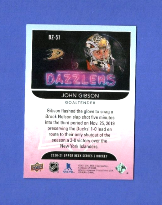 2020-21 Upper Deck Series 2 #DZ-51 John Gibson Green Dazzlers  NM-MT  -  Anaheim