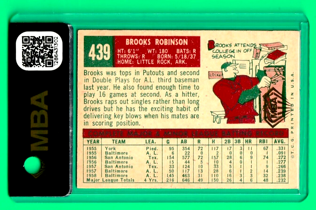 1959 Topps  -  Brooks Robinson  -  Baltimore Orioles Legend #439 - MBA AUTHENTIC