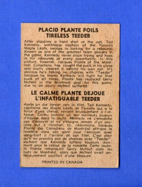1954-55 Parkhurst  Hockey #99 Jacques Plante/Ted Kennedy  -  Canadiens/Leafs