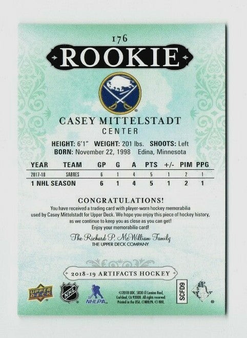 2018-19 UD ARTIFACTS CASEY MITTELSTADT DUAL RC JERSEY 030/499 #176 ROOKIE Sabres