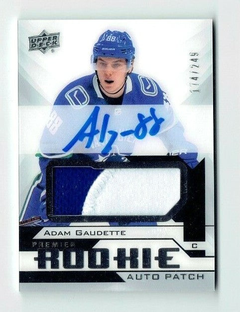 2018-19 U.D. PREMIER HOCKEY ROOKIE PATCH AUTO #174/249 CANUCKS Adam Gaudette