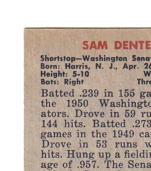 1951 Bowman  -  Sam Dente   -  Washington Senators  #133   EX-NRMT
