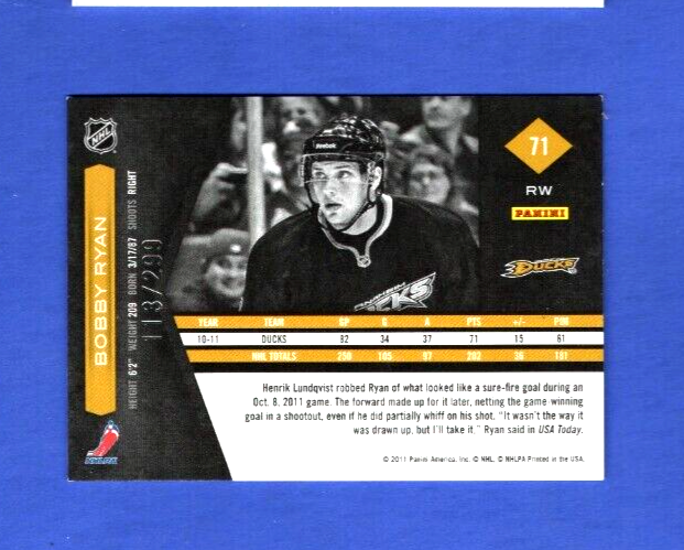 2011-12 Limited  - Anaheim Ducks Hockey Card #71   -  Bobby Ryan  113/299  RARE