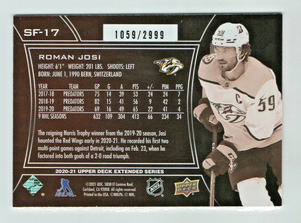 2020-21,UD, Extended Series SPx Finite,SF-17 Roman Josi - Nashville 1059/2999