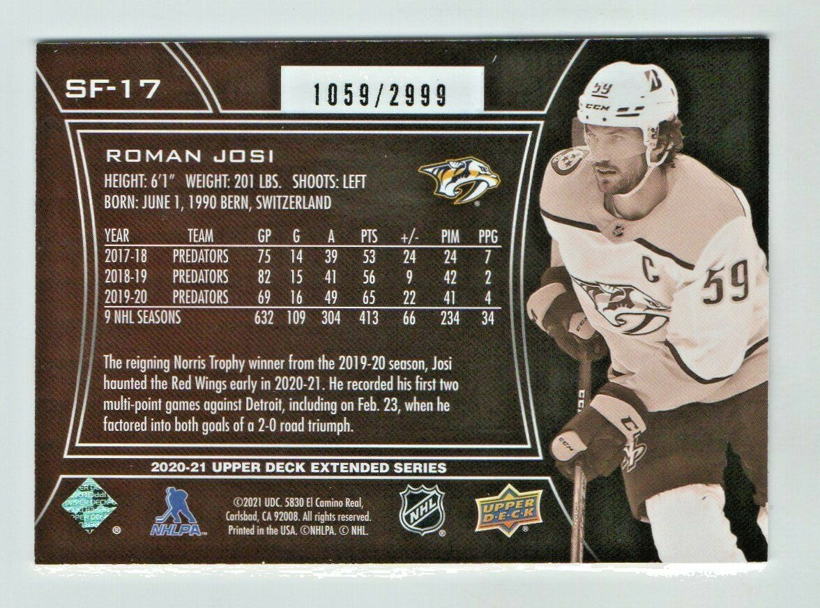 2020-21,UD, Extended Series SPx Finite,SF-17 Roman Josi - Nashville 1059/2999