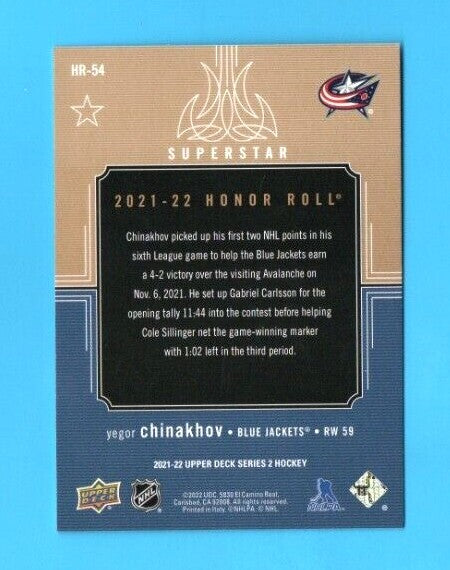Yegor Chinakhov  2021-22 Upper Deck Series 2 Honor Roll  RAINBOW  #HR-54 199/250