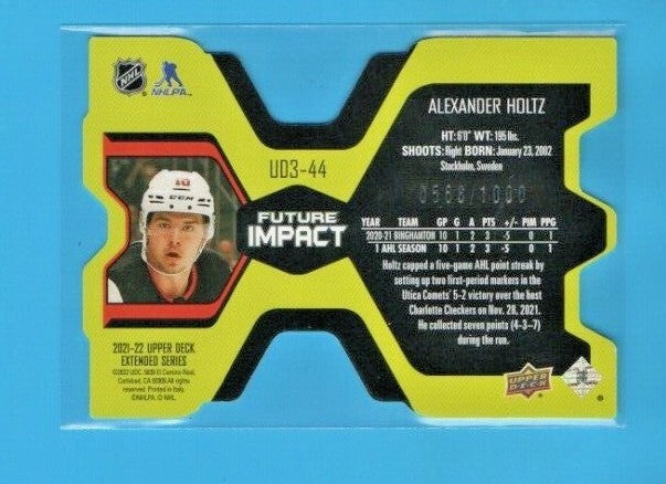 2021/22 UD Extended UD3-44   Alexander Holtz Future Impact Rookie Card 0568/1000