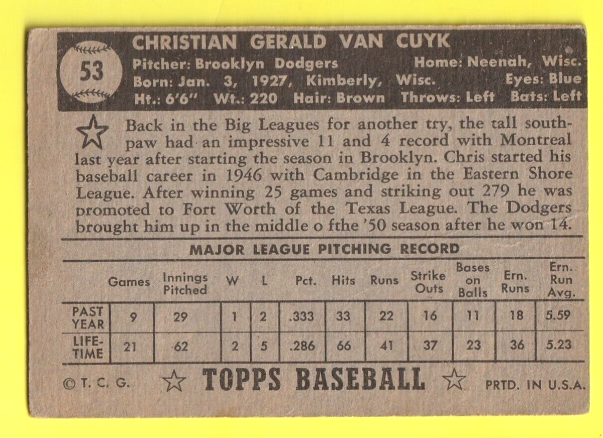1952 Topps Baseball #53 -  Chris Van Cuyk - Brooklyn Dodgers RC- VG - Black Back