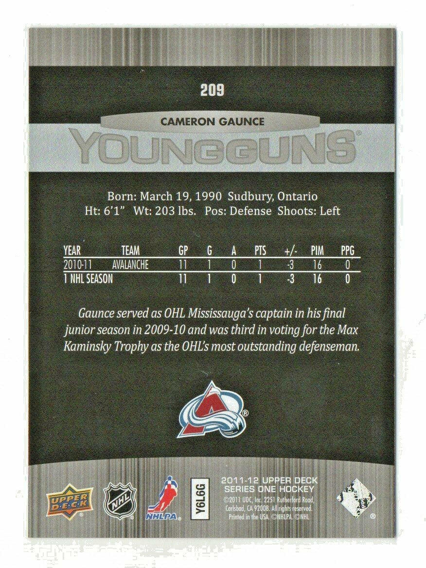 2011-12 Upper Deck Young Guns #209 -  Cameron Gaunce  -  RC  Colorado Avalanche 