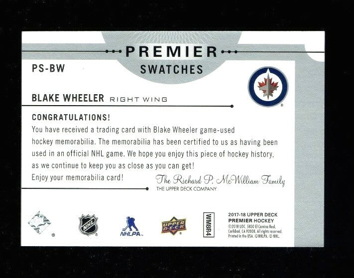 2017-18 Upper Deck Premier Premier Swatches #PS-BW BLAKE WHEELER  Winnipeg Jets