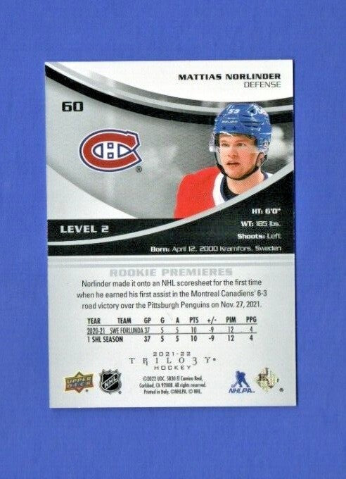 Mattias Norlinder 2021-22 UD Extended Trilogy Rookie Premieres Level 2 - 328/499