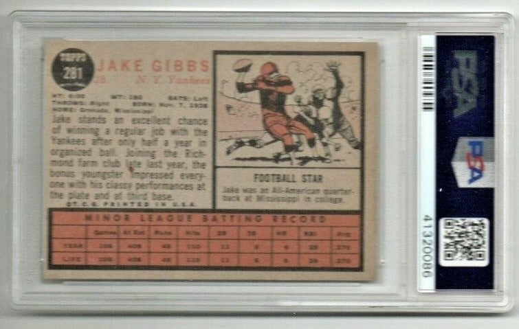 1962 Topps #281 - Jake Gibbs - New York Yankees  -  ROOKIE 