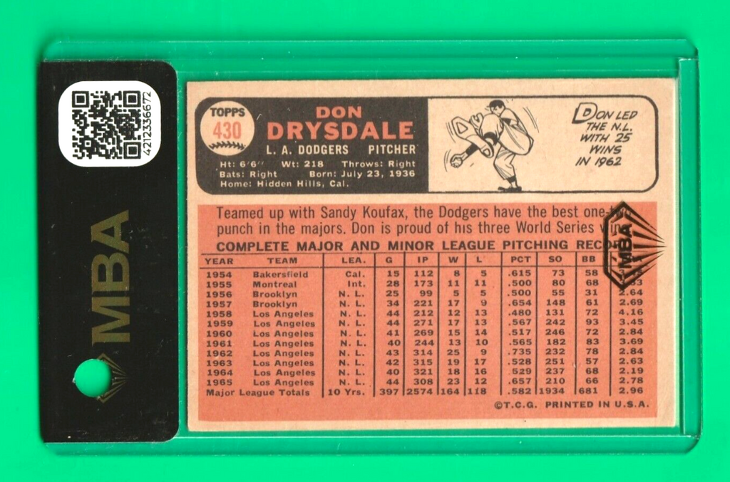 1966 Topps -  Don Drysdale #430  -  Los Angeles Dodgers  -  HOF -  MBA AUTHENTIC