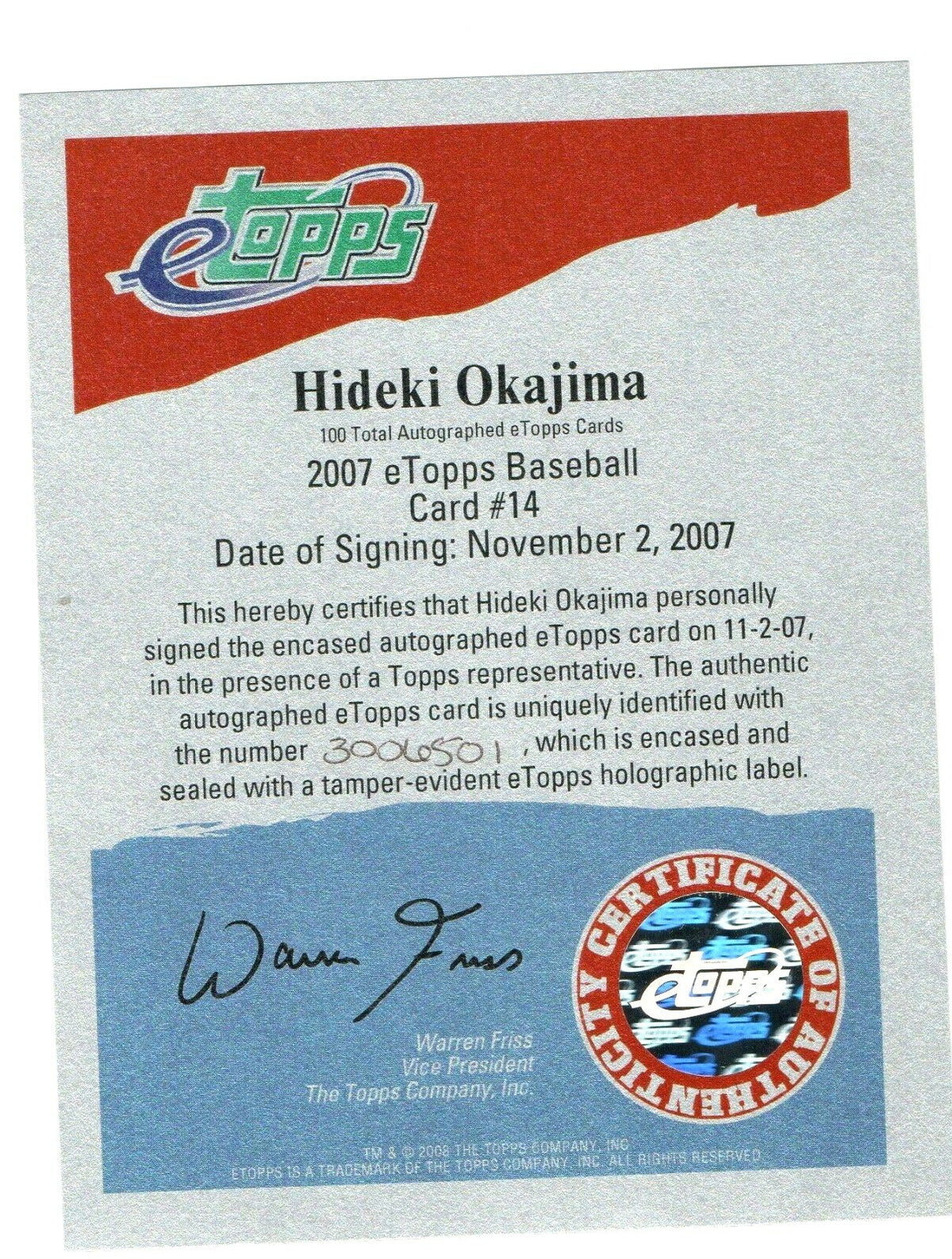 HIDEKI OKAJIMA ROOKIE CARD 2007 eTopps #14 Boston Red Sox  #/749 SIGNED on card