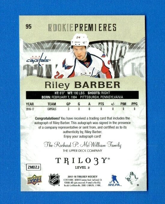 2017-18 UD Trilogy Hockey Rookie Premieres Level 2 "Capitals" Riley Barber Auto 
