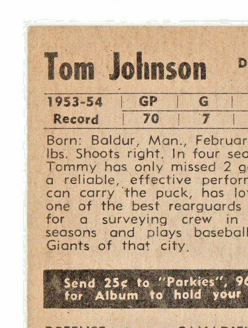 TOM JOHNSON 1954-55 PARKHURST  # 10 NRMT-MINT  - GRADEABLE - Montreal Canadiens