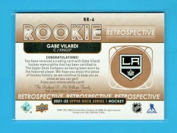 Gabe Vilardi 2021-22 UD Series 1 RR-6 Rookie Retrospective  Jersey White Patch