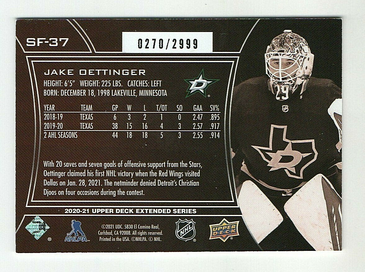 2020-21 UD Extended Series SPxFINITE  #SF-37 - Jake Oettinger  - 0270/2999 Stars