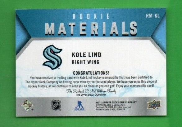 Kole Lind Rookie 2021-22 Upper Deck Series 2 Rookie Materials White RM-KL Kraken
