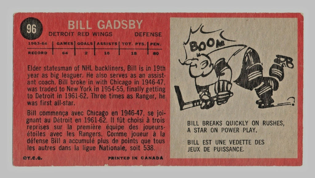 1964 Topps Tallboy Hockey #96 Bill Gadsby HOF Detroit Red Wings VG-EX