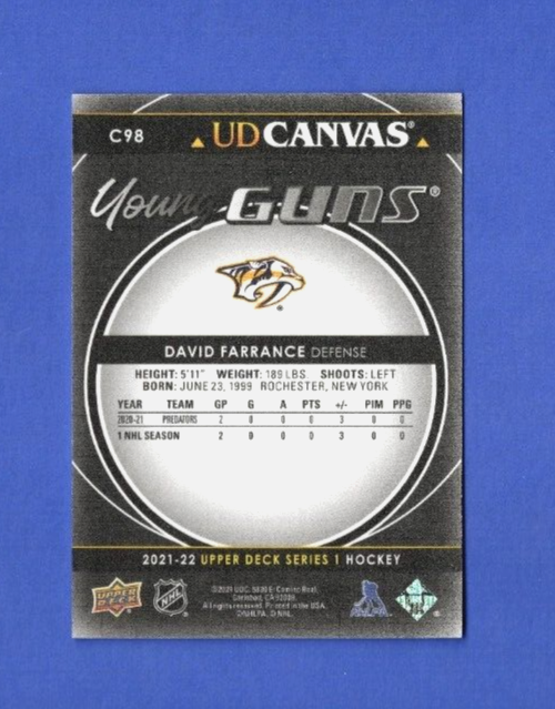 2021-22 Upper Deck Canvas Young Guns Black #C98  -  David Farrance  -  Predators