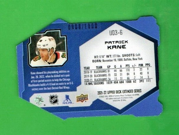Patrick Kane  2021-22 UD Extended UD3 SILVER - ERROR  - CARD  0908/1000   #UD3-6