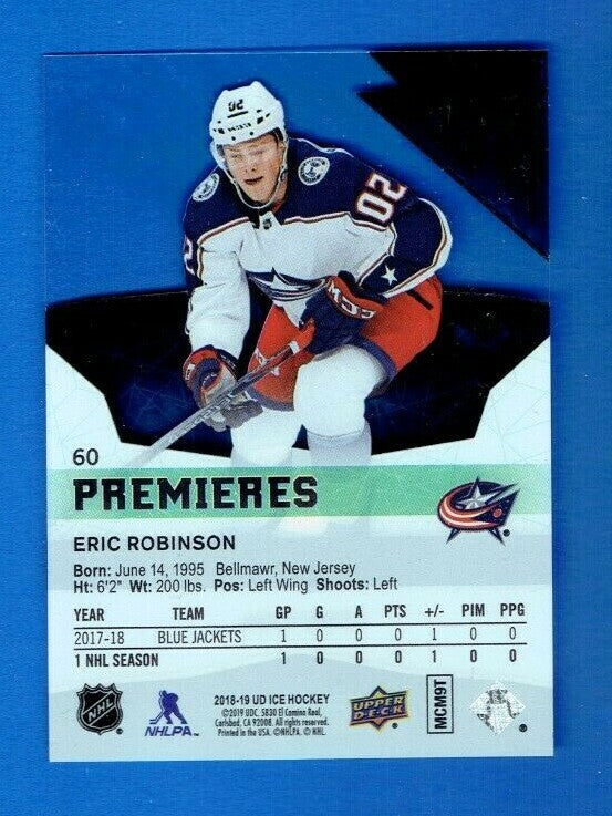 2018/19 UD Ice Eric Robinson Premieres Rookie #/1299 RC Columbus Blue Jackets